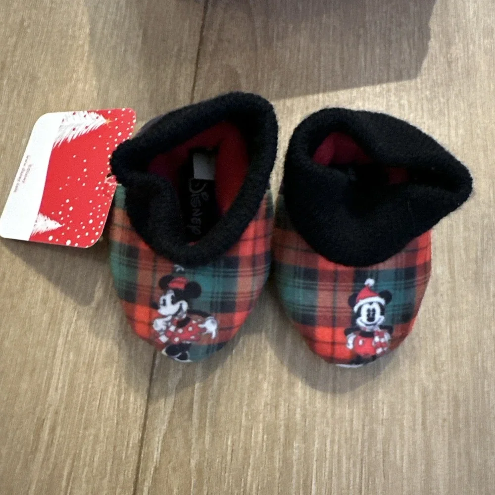 Disney Baby Minnie Mickey Mouse Plaid Christmas Slippers Crib Booties Size 2 NEW